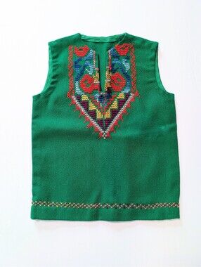 Handmade Girls Green Crosstitch Embroidered Sleeveless Top (Size: 2T)